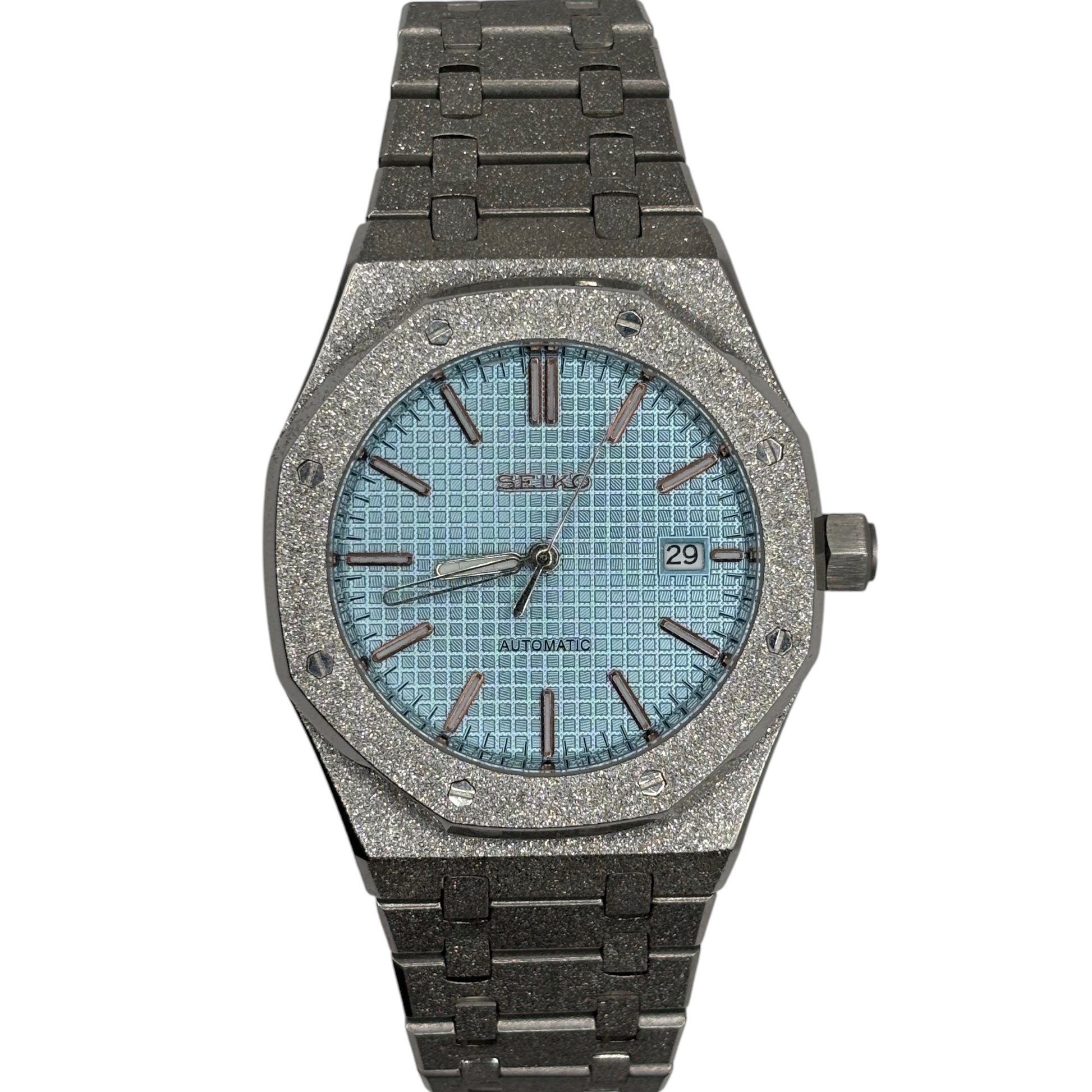 seiko mod royaloak bleu bracelet brillant mouvement automatique 
