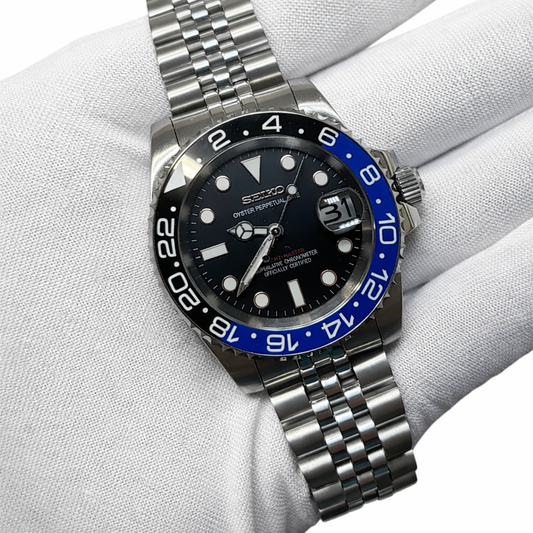 seiko mod, mouvement automatique, gmt bleu 