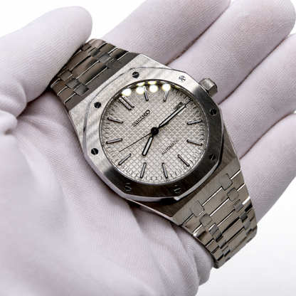 seiko mod, cadran blanc, montre à mouvement étanche, royal oak 