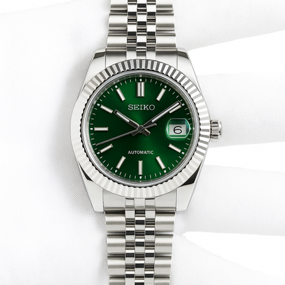 montre a mouvement seiko mod date just cadran vert, 40mm et étanche 